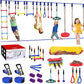 2x65 FT Ninja Warrior Obstacle Course for Kids with 13 Ninja Accessories - 600lbs Weight Capacity, Slackline with Swing Seat, Disc Swing, Ninja Wheel, Rope Ladder, Monkey Bar, Ninja Ring, Arm Trainer