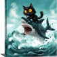 Funny Black Cat Bathroom Wall Art Cute Cat Riding Shark Canvas Wall Decor Animal Kitten Pictures Painting Print Artwork Framed Decorations Gifts for Cat Lover Kids Room Bedroom 12"x16"