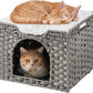 Cat Beds Indoor Kitten House, Handwoven Rattan Cat Cave Pet Cube, Large Cat Houses, One Bed Mat, Foldable, Hideaway, 16.5x16.5x13.2 Inches, 2 S-Shaped Hooks in Living Room Bedroom Gray