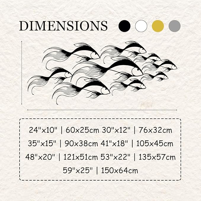 School of Fish Metal Wall Art, Metal Fish Wall Decor, Sea Life Wall Art, Large Nautical Wall Hanging, Modern Beach House Wall Decor, Ocean Themed Artwork for Bathroom (Gold, 59"x25" | 150x64cm)