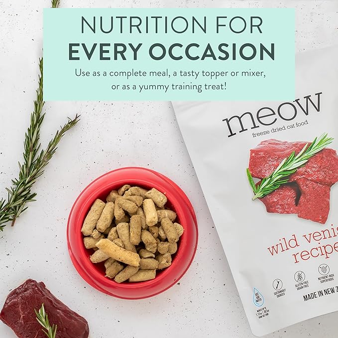 Meow Freeze Dried Cat Food - Wild Venison Recipe, High Protein Treats, Meals & Toppers, Dry Cat Food, 9.9 oz