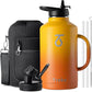 Trebo Half Gallon Water Bottle Insulated with Handle, 64 oz Double Wall Stainless Steel Metal Large Jug, Travel Flask with Straw Spout Lid, Mug Tumbler Cup with Carry Pouch, Keep Cold Hot, Orange