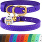 BRONZEDOG Leather Cat Collar with Removable Bells Non Breakaway Kitten QR Tag for Girl Boy (7" - 9" for Cats, Purple & Gold)