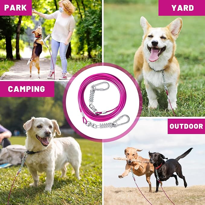 Dog Tie Out Cable 10/15/20/25/30FT Dog Run Cable Rosy Pink/Blue/Purple/Silver/Red/Green/YellowTie Out Cable for Large Dogs Heavy Duty for Outside Hold Large Dogs Up to 250LBS