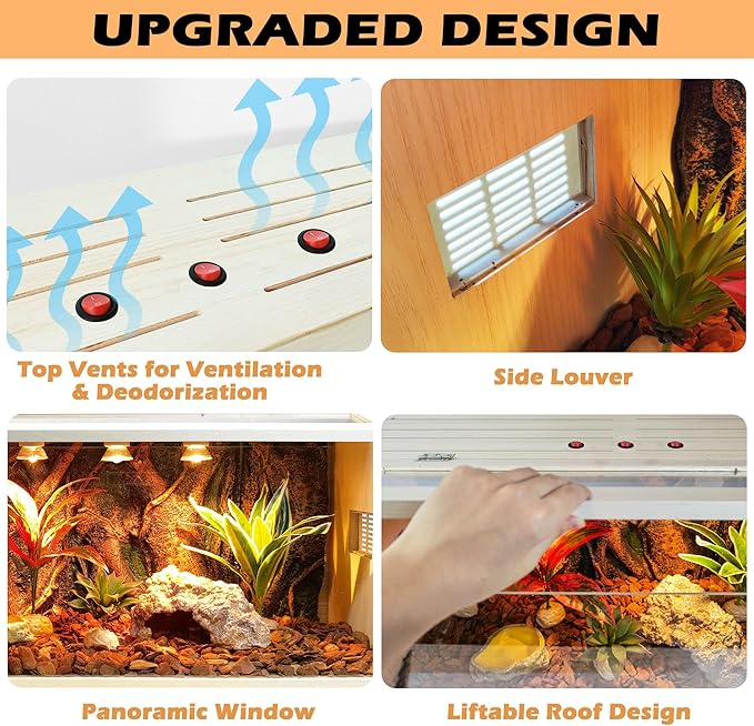 Prolee Bearded Dragon Tank 70 Gallon, Reptile Enclosure, Snake Tank, Reptile Terrarium, Built-in Light Fixtures with Switch, 48" L x 20" H x 20" D