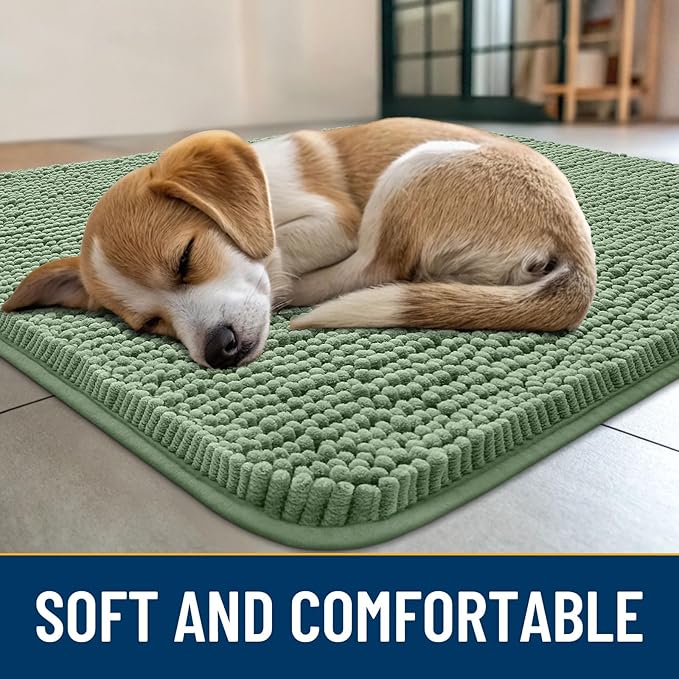 Smiry Dog Door Mat for Muddy Paws 48x30, Absorbs Moisture and Dirt Doormat, Non-Slip Washable Quick Dry Chenille Front Door Mat Indoor Entrance, Entryway Carpet for Inside Floor, Olive Green