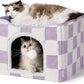 Lesure Indoor Cat Beds Kitten House - Large Cat Cave for Pet Cube with Fluffy Ball Hanging, Foldable Small Animal Hideaway, 16.5x16.5x13 inches, Lavender Checks