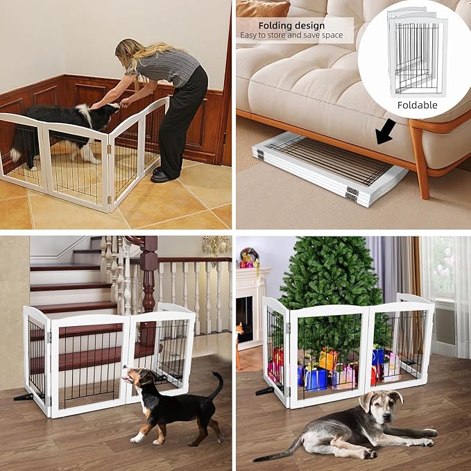 ZJSF Freestanding Dog Fence Indoor, Foldable Dog Gate for Doorways, Stairs or Hallways, Sturdy Wood Extra Wide Pet Gate with Support Feet for The House, White, 32 "Height-2 Panels