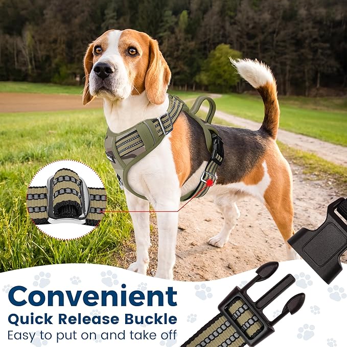 Funfox Dog Harness No Pull, Adjustable Pet Vest Harness, Super Soft Material with Vertical Handle Easy Control, Reflective Night Walking, 2 Leash Clips for Large Dogs, Camo Green, L