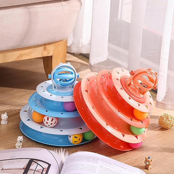 Vealind Cat Toy Roller 4-Level Turntable Cat Toys Balls with Colorful Pom Pom Balls Interactive Fun Mental Physical Exercise Puzzle Kitten Toys (Orange)