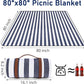 Striped Picnic Blankets 80” x 80” Extra Large Waterproof and Foldable Beach Blanket, Oversized Blue and White Outdoor Blanket for Camping, Travel, Park, Grass, Patio (Blue & White, 80" x 80")