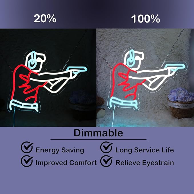Man Shooting Neon Sign Gun Led Light Up Sign Game Player Gifts Dimmable Shooting Decor for Gun Club Decor Man Cave Game Room 15"×11.9"