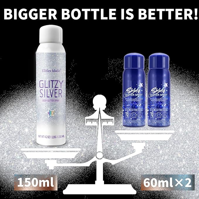 Hair Glitter Body Glitter Spray, 150ML Glitter Hairapray Silver Glitter Spray for Hair and Boday, Hair Glitter for Kids Women, Body Shimmer Festival Rave and Makeup 4.2 Fl Oz
