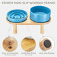 Ceramic Slow Feeder and Water Bowl Set for Medium and Large Dogs, Ceramic Dog Bowls Elevated with Wooden Stand, 2.0 Cups Dog Slow Feeder(30oz) and 70oz Water Bowl Set, Blue