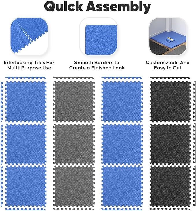 Home Gym Mat, Puzzle Exercise Mat, EVA Interlocking Foam Floor Tiles for Home Workout Equipment and Kids' Play Areas - Grey, 24 in x 24 in x ½ in - 12 Tiles (Grey, 12 Pack, 48 SQ FT)
