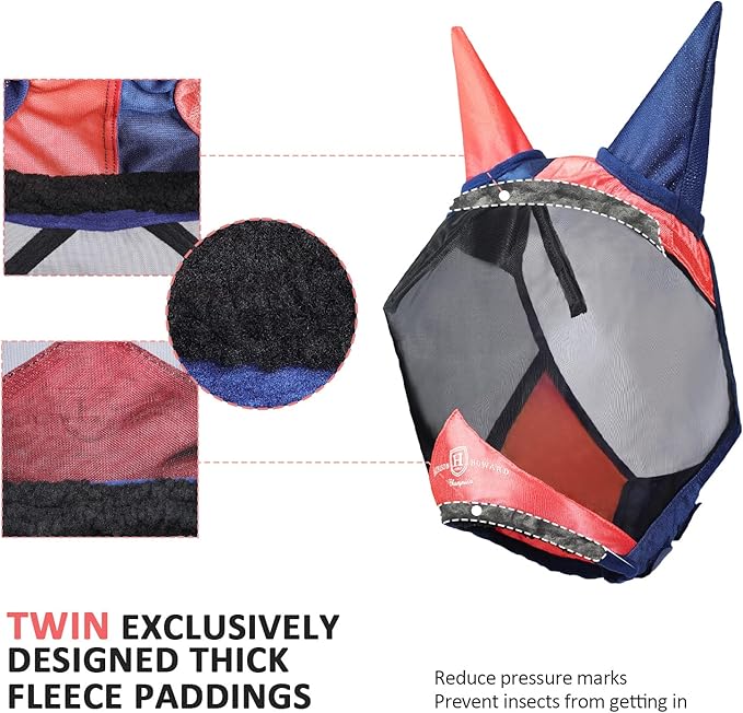 Harrison Howard Pro Luminous Horse Fly Mask Large Eye Space Half Face with Ears UV Protection for Horse Coral Orange/Navy S