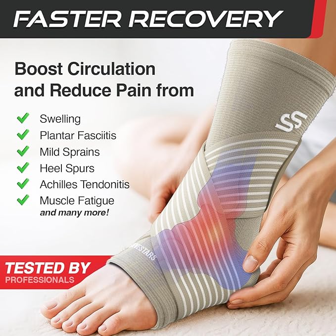 Sleeve Stars Ankle Brace for Women & Men, Ankle Wrap for Sprained Ankle, Compression Sleeve for Plantar Fasciitis Relief, Easy Customizable Support: w/Removable Strap (Single/L:12"-13"/Beige)