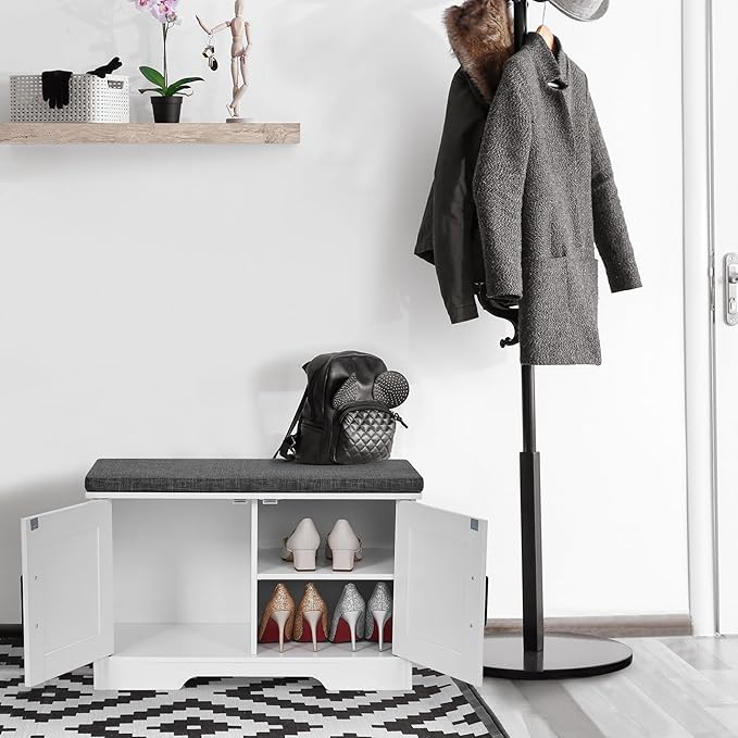 2-Tier Storage Bench, Shoe Bench with Padded Seat Cushion, Entryway Bench with 2 Barn Doors, Adjustable Shelf, 13.8" D x 27.6" W x 17.7" H, for Entryway, Living Room, Bedroom, White