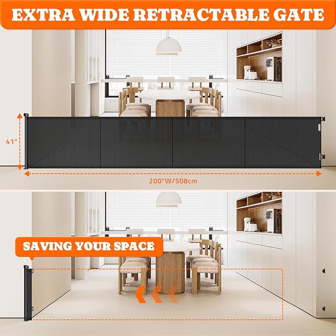 Pawtners Retractable Baby Gates Extra Wide, 41" Tall Extends up to 200" Wide, Dog Gate Indoor for Stairs, Pet Gate with Support Rods for Doorways Hallways Garage Indoor & Outdoor-Black