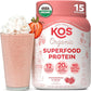 KOS Vegan Protein Powder, Strawberry and Cream Organic Pea Protein Blend, Plant Based Superfood with 12 Vitamins and Minerals, Made Without Dairy - Meal Replacement for Women & Men, 15 Servings