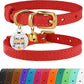BRONZEDOG Leather Cat Collar with Removable Bells Non Breakaway Kitten QR Tag for Girl Boy (9" - 12" Cats/Mini Dogs, Red & Gold)
