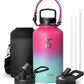 Trebo Insulated Water Bottle 64 oz, Half Gallon Metal Vacuum Water Jug with Paracord Handle and 3 Lids, Leakproof BPA-Free Flask for Gym Sports Hiking Travel, Keep Cold 48 Hours, Rose Red