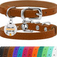BRONZEDOG Leather Cat Collar with Removable Bells Non Breakaway Kitten QR Tag for Girl Boy (9" - 12" Cats/Mini Dogs, Light Brown & Silver)