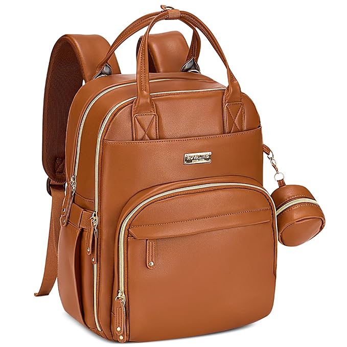 RUVALINO Diaper Bag Backpack, Multifunction Travel Pack Maternity Baby Changing Bags, Large Capacity, Waterproof, Brown