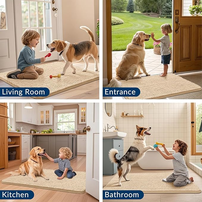 Smiry Dog Door Mat for Muddy Paws 47x17, Absorbs Moisture and Dirt Doormat, Non-Slip Washable Quick Dry Chenille Front Door Mat Indoor Entrance, Entryway Carpet for Inside Floor, Beige