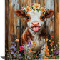 Funny Cow Bathroom Pictures Wall Art, Rustic Brown Cute Cow Bathroom Wall Decor, Farmhouse Floral Framed Painting Animal Flower Canvas Artwork for Bedroom Living Room Decorations 16"L x 12"W