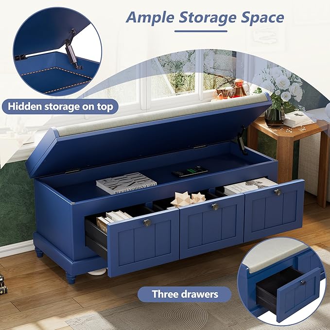 Classic Shoe Storage Bench with Cushion and Three Drawers, Fluted Entryway Bench with Storage for Entryway, Living Room, Hallways 44.0" L x 15.9" W x 18.9" H Antique Navy