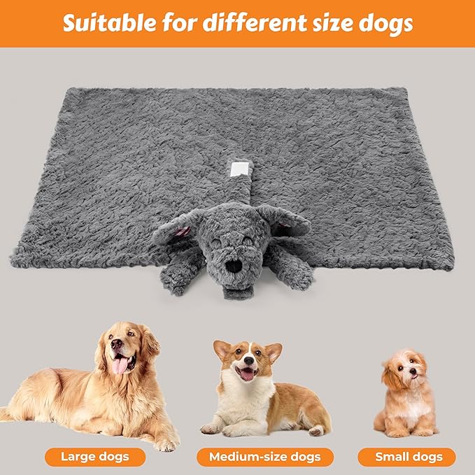 Heartbeat Toy Heartbeat Blanket for Dog Anxiety Relief, Heartbeat Stuffed Animal for Puppy Calming Aid Behavioral Aid, Dog Comfort Toy for Sleep Aid Cuddle, Grey