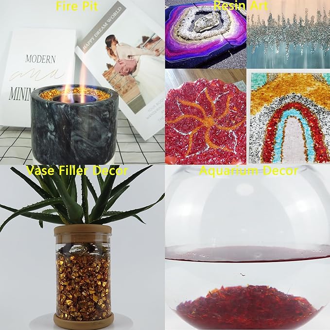 TWINKLING High Luster Crushed Glass Glitter, Broken Glass, Fire Glass Gems Chips for Fire Pit, DIY Resin Art, Epoxy Crafts, Geode Painting, Aquarium Decoration, 6-9mm(370g/13oz.) (Dark Amber)
