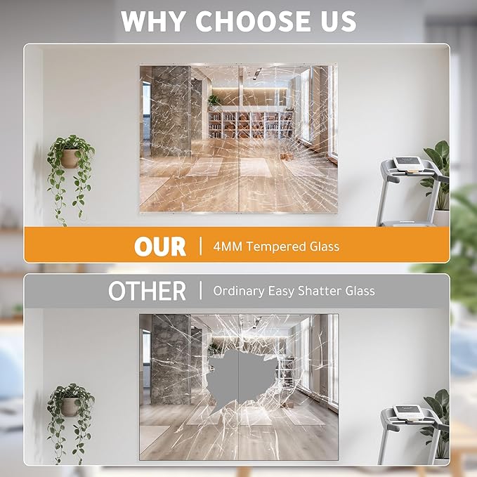 ROOMTEC Workout Mirrors for Home Gym 60"x36", Large Wall Mirror Full Length for Fitness, Yoga, Big Wall Mounted Frameless Glass Mirror for Garage, Dance Studio, Bedroom