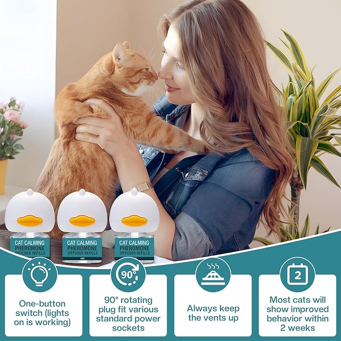 Cat Calming Diffuser 6 in 1 Multicat Calming Pheromones Diffusers Relief Stress Anxiety Fighting Scratching 90 Days Calm Relaxing Pheromone for Cats kit 48ml Refill Fits All Common Diffuser Plug In