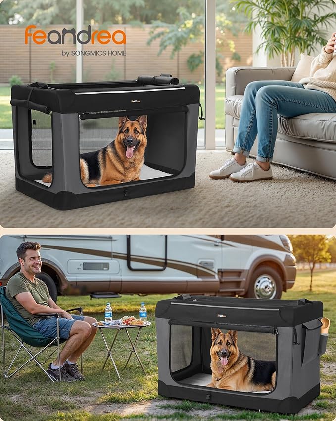 Feandrea Collapsible Dog Crate, 42-Inch Portable Dog Travel Crate for Large Dogs, Oxford Fabric Pet Carrier with 4 Mesh Doors, Handles, Storage Pocket, Water Bottle Holder, Ink Black UPDC021B01