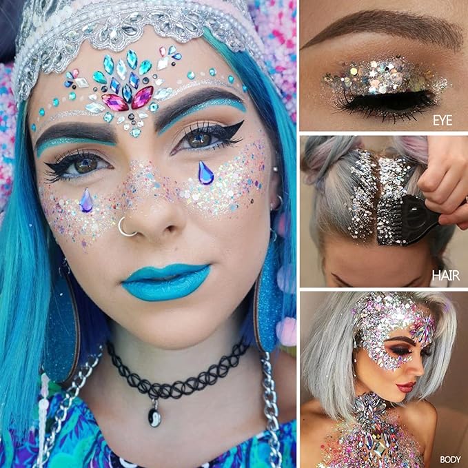 MEICOLY Clear White and Silver Body Glitter Set, Mermaid Face Glitter Gel, Singer Concerts Festival Rave Accessories, Chunky Sequins Glitter Paint for Women and Kids, Sparkling Makeup
