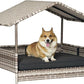 PawHut Wicker Dog House Outdoor with Canopy, Rattan Dog Bed with Water-Resistant Cushion, Raised Dog Bed for Small, Medium Dogs up to 66 lbs, 19.75" in Length, Gradient Gray Wicker & Cushion