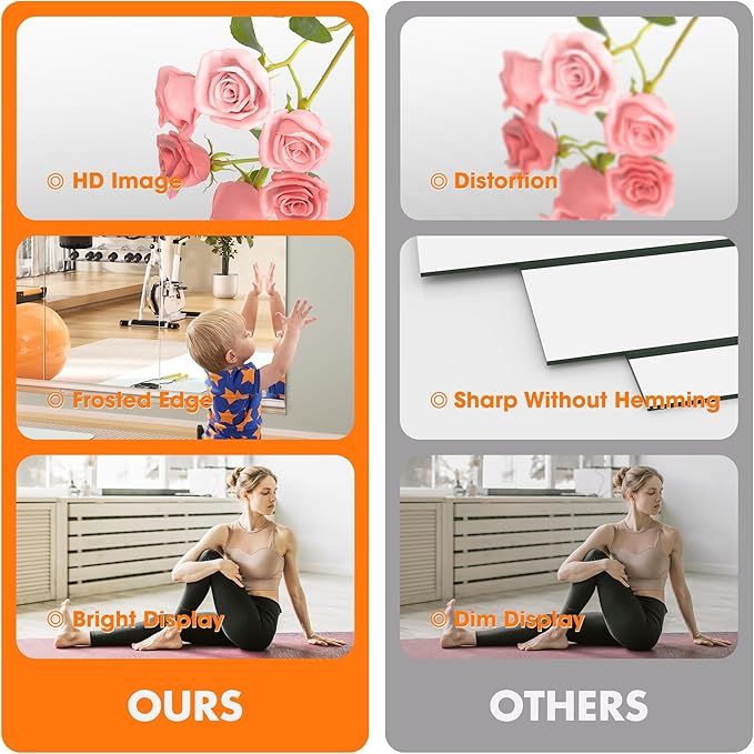 Hasipu Home Gym Mirror 48" L x 30" W - 2PCS Large Full Body Mirror for Yoga, Wall-Mounted Mirrors for Fitness, Garage, Dance Studio, 0.16in Tempered Glass Frameless