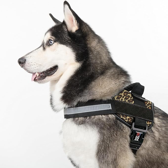 Dogline Dog Harness, Reflective No-Pull Adjustable Vest with Handle for Walking, Training, Breathable, No - Choke Harness for Small, Medium or Large Dogs Room for Patches Leopard Brown S 18"-24"
