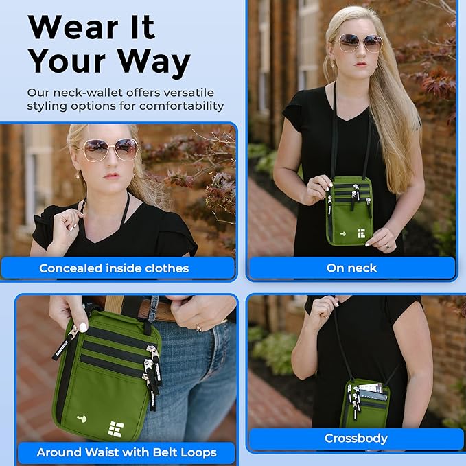 Neck Wallet for Travel & Passport Holder with RFID Blocking - Slim & Easy to Conceal Nylon Travel Pouch for men & women - Holds Phone, Cash, Cards, Keys - Sweat & Water Resistant - Large - Forest
