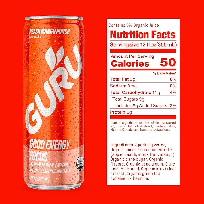 GURU Peach Mango Punch Organic Energy Drinks, Clean Energy Drink with Plant Based Natural Caffeine from Green Tea + Focus with L Theanine, Gluten Free and Vegan, 140MG Caffeine, 12oz (Pack of 12)