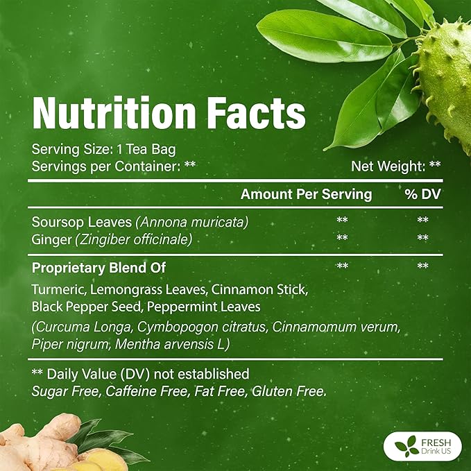 FreshDrinkUS, Super Soursop Herbal Tea – 60 Tea Bags | Soursop, Ginger, Turmeric, Lemongrass, Cinnamon, Black Pepper & Peppermint | Caffeine-Free, Natural Flavor, Plant-Based Blend | Sugar-Free