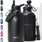 64oz Insulated Water Bottle,Half Gallon Water Flask Stainless Steel Vacuum, Cold for 48 Hrs,BPA-Free & Leakproof -with Paracord Handle,Strap,Straw Spout Lids,Large Jug for Gym Sports,Black