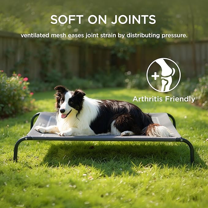 Bedsure Outdoor Elevated Dog Bed Large Sized Dog, Portable Indoor & Outdoor Cooling Raised Cot Pet Hammock Bed with Skid-Resistant Feet, Frame with Breathable Mesh, Striped Grey, 49 inches