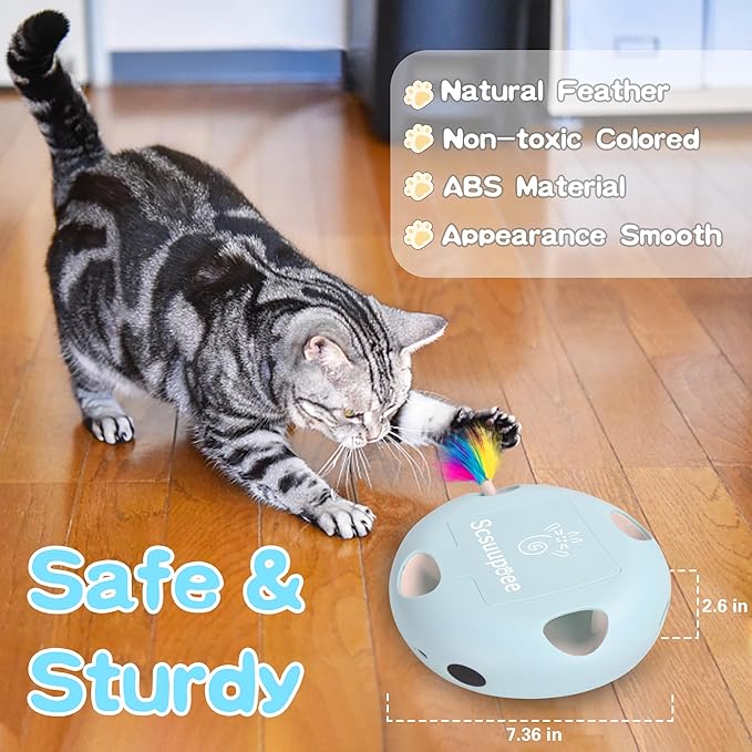 IInteractive Cat Toy, Electric Cat Toys for Moving Concealed Feathers, Smart Sensor 7 Holes Whack a Mole Feather Toy, USB Charge Automatic Kitten Toys,Blue