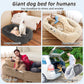 Human Dog Bed, 71''x45''x12'' Size Fits You and Pets, Washable Faux Fur Pet Bed for People Doze Off, Napping Orthopedic Dog Bed, Present Plump Pillow, Blanket, Strap - Beige