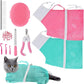 JULMELON Cat Washing Bag 10 PCS Set, Adjustable Cat Shower Net Bag and Pet Grooming Brush with Nail Clipper Nail File Hair Combs Tick Tool Nail Caps for Bathing Nail Trimming Examination(Pink+Green)