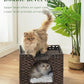 Cat Beds Indoor Kitten House, Handwoven Rattan Cat Cave Pet Cube, Large Cat Houses, One Bed Mat, Foldable, Hideaway, 16.5x16.5x13.2 Inches, 2 S-Shaped Hooks in Living Room Bedroom Brown