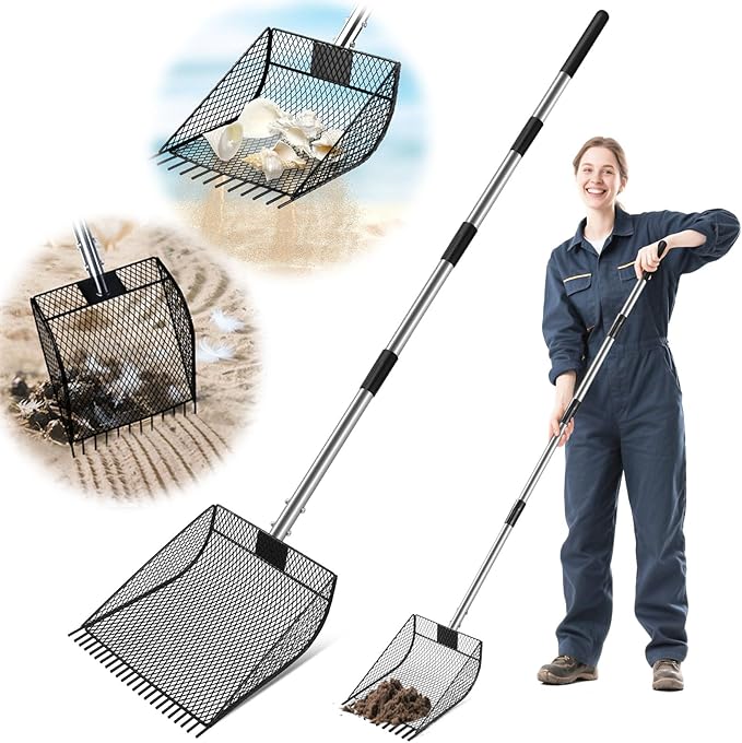 CAROD Chicken Poop Scooper & Rake 2-in-1, Metal Chicken Coop Scoop for Poop with 24 to 68" Adjustable Stainless Steel Handle, Litter Scooper Sand Sifting Shovel Chicken Coops/Animals House